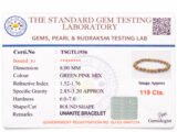 Close-up of the official gem testing laboratory certificate for the natural Unakite bracelet, displaying a weight of 119 carats and 8mm dimension.