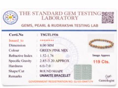 Close-up of the official gem testing laboratory certificate for the natural Unakite bracelet, displaying a weight of 119 carats and 8mm dimension.