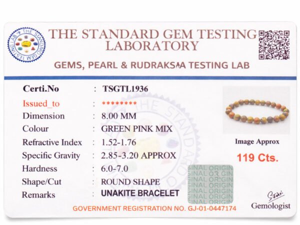 Close-up of the official gem testing laboratory certificate for the natural Unakite bracelet, displaying a weight of 119 carats and 8mm dimension.