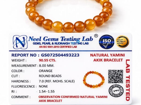 Official gem testing laboratory certificate for the natural Yamini Akik bracelet, displaying a weight of 90.55 carats and 8mm dimension.