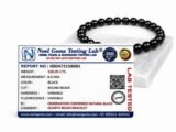 Official Neel Gems Testing Lab certificate for the natural Black Quartz bracelet, displaying a weight of 108.05 carats and 8mm measurement alongside the beaded bracelet.