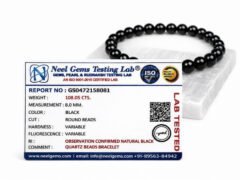Official Neel Gems Testing Lab certificate for the natural Black Quartz bracelet, displaying a weight of 108.05 carats and 8mm measurement alongside the beaded bracelet.