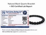 Promotional graphic for the Natural Black Quartz Bracelet featuring the ISO certified lab report for authenticity and the 8mm bead bracelet.