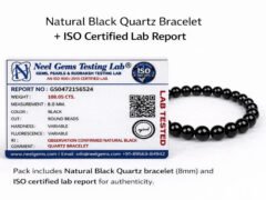 Promotional graphic for the Natural Black Quartz Bracelet featuring the ISO certified lab report for authenticity and the 8mm bead bracelet.