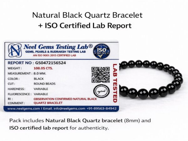 Promotional graphic for the Natural Black Quartz Bracelet featuring the ISO certified lab report for authenticity and the 8mm bead bracelet.