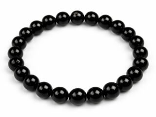 Natural Black Quartz 8mm round bead bracelet isolated on a plain white background.