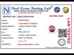 Lab certificate for Manik Stone 7.75 Ratti - 7.05 Carat Ruby Stone - Bangkok A1 - NATURAL RUBY, 7.05 CARAT (7.75 RATTI)