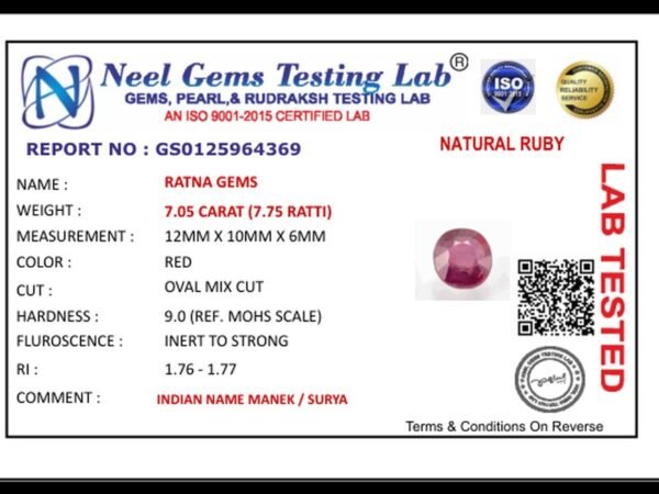 Lab certificate for Manik Stone 7.75 Ratti - 7.05 Carat Ruby Stone - Bangkok A1 - NATURAL RUBY, 7.05 CARAT (7.75 RATTI)
