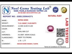Lab certificate for Manik Stone 8.03 Ratti - 7.31 Carat Ruby Stone - Bangkok A1 - NATURAL RUBY, 7.31 CARAT / 8.03 RATTI
