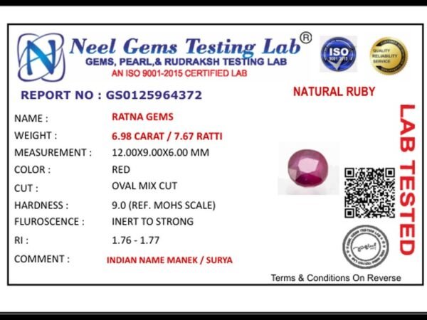 Lab certificate for Manik Stone 7.67 Ratti - 6.98 Carat Ruby Stone - Bangkok A1 - NATURAL RUBY, 6.98 CARAT / 7.67 RATTI