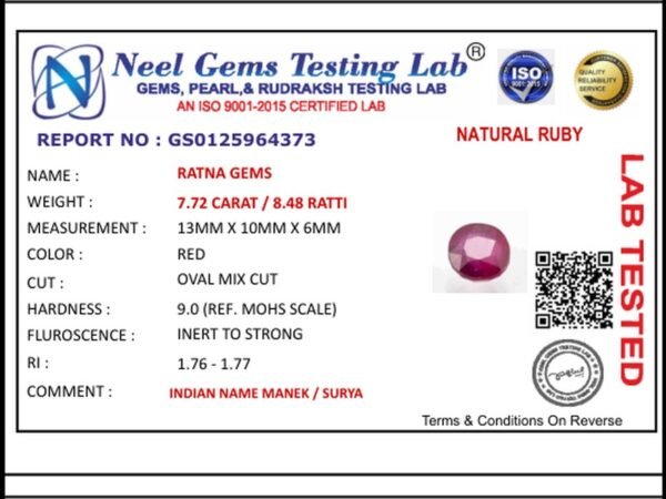 Lab certificate for Manik Stone 8.48 Ratti - 7.72 Carat Ruby Stone - Bangkok A1 - NATURAL RUBY, 7.72 CARAT / 8.48 RATTI