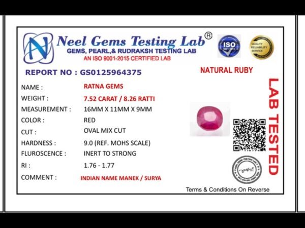 Lab certificate for Manik Stone 8.26 Ratti - 7.52 Carat Ruby Stone - Bangkok A1 - NATURAL RUBY, 7.52 CARAT / 8.26 RATTI