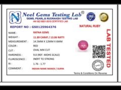 Lab certificate for Authentic Ruby (Manek) 11.89 Carat / 13.06 Ratti - Bangkok A1 - NATURAL RUBY, 11.89 CARAT / 13.06 RATTI