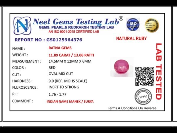 Lab certificate for Authentic Ruby (Manek) 11.89 Carat / 13.06 Ratti - Bangkok A1 - NATURAL RUBY, 11.89 CARAT / 13.06 RATTI
