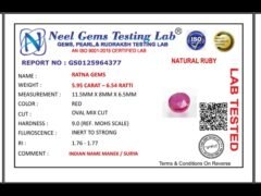 Lab certificate for Manik Stone 6.54 Ratti - 5.95 Carat Ruby Stone - Bangkok - NATURAL RUBY, 5.95 CARAT – 6.54 RATTI