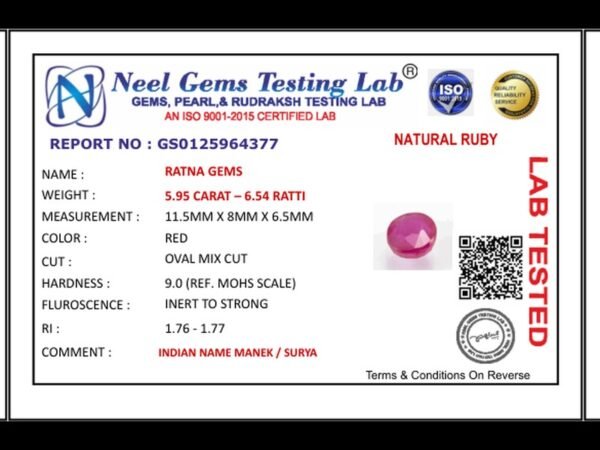 Lab certificate for Manik Stone 6.54 Ratti - 5.95 Carat Ruby Stone - Bangkok - NATURAL RUBY, 5.95 CARAT – 6.54 RATTI
