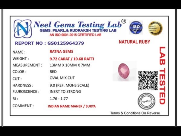 Lab certificate for Manik Stone 10.68 Ratti - 9.72 Carat Ruby Stone - Bangkok - NATURAL RUBY, 9.72 CARAT / 10.68 RATTI