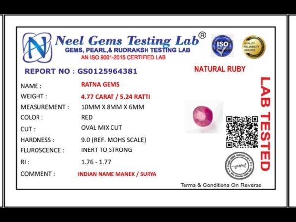 Lab certificate for Manik Stone 5.24 Ratti - 4.77 Carat Ruby Stone - Bangkok - NATURAL RUBY, 4.77 CARAT / 5.24 RATTI