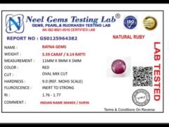 Lab certificate for Manik Stone 6.14 Ratti - 5.59 Carat Ruby Stone - Bangkok - NATURAL RUBY, 5.59 CARAT / 6.14 RATTI