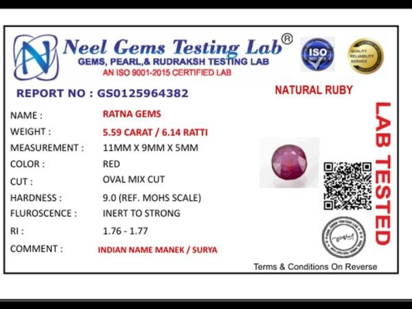 Lab certificate for Manik Stone 6.14 Ratti - 5.59 Carat Ruby Stone - Bangkok - NATURAL RUBY, 5.59 CARAT / 6.14 RATTI