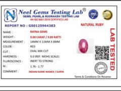 Lab certificate for Manik Stone 9.89 Ratti - 9.00 Carat Ruby Stone - Bangkok - NATURAL RUBY, 9.00 CARAT / 9.89 RATTI