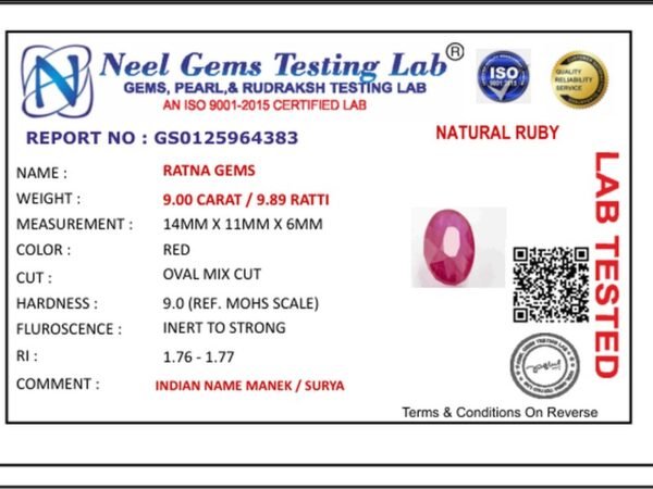 Lab certificate for Manik Stone 9.89 Ratti - 9.00 Carat Ruby Stone - Bangkok - NATURAL RUBY, 9.00 CARAT / 9.89 RATTI