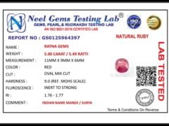 Lab certificate for Manik Stone 5.49 Ratti - 5.00 Carat Ruby Stone - Bangkok - NATURAL RUBY, 5.00 CARAT / 5.49 RATTI