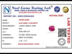 Lab certificate for Manik Stone 6.60 Ratti - 6.01 Carat Ruby Stone - Bangkok - NATURAL RUBY, 6.01 CARAT / 6.60 RATTI