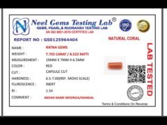 Lab certificate for Moonga Stone 8.522 Ratti (7.755 Carat) - Italian Red Coral - NATURAL CORAL, 7.755 CARAT / 8.522 RATTI