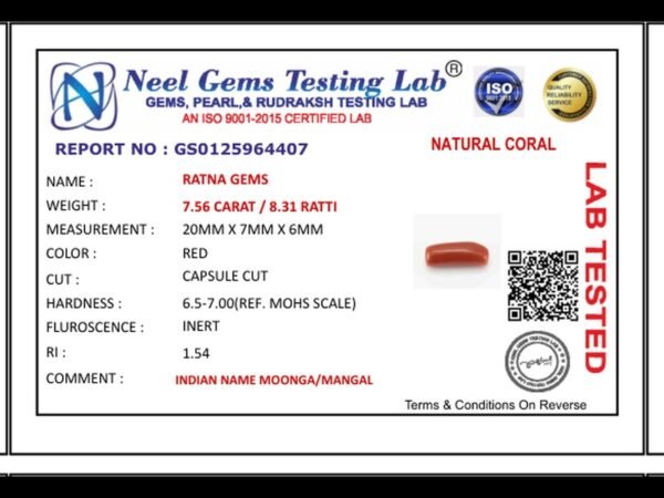 Lab certificate for Moonga Stone 8.31 Ratti (7.56 Carat) - Italian Red Coral - NATURAL CORAL, 7.56 CARAT / 8.31 RATTI