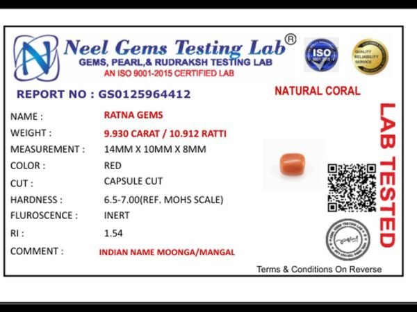 Lab certificate for Moonga Stone 10.912 Ratti (9.930 Carat) - Red Coral - NATURAL CORAL, 9.930 CARAT / 10.912 RATTI