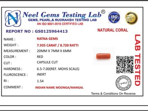 Lab certificate for Moonga Stone 8.720 Ratti (7.935 Carat) - Italian Red Coral - NATURAL CORAL, 7.935 CARAT / 8.720 RATTI