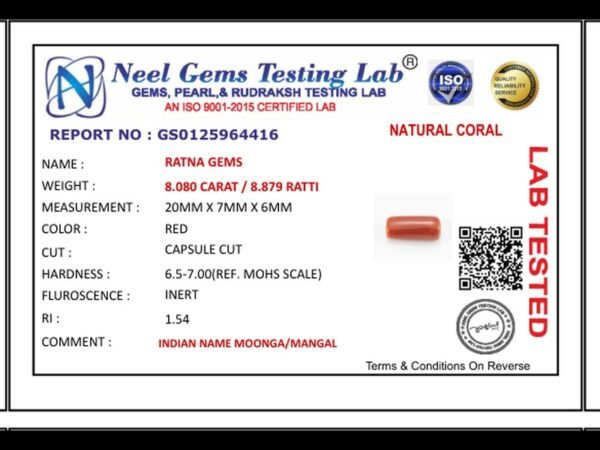 Lab certificate for Moonga Stone 8.879 Ratti (8.080 Carat) - Italian Red Coral - NATURAL CORAL, 8.080 CARAT / 8.879 RATTI