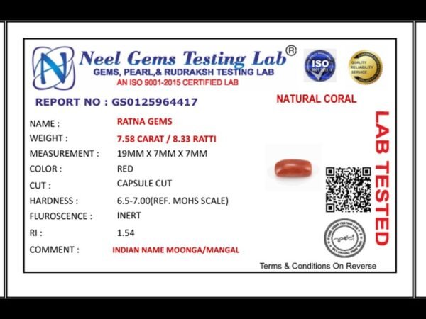 Lab certificate for Moonga Stone 8.33 Ratti (7.58 Carat) - Italian Red Coral - NATURAL CORAL, 7.58 CARAT / 8.33 RATTI