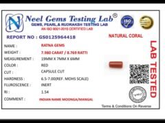 Lab certificate for Moonga Stone 8.769 Ratti (7.980 Carat) - Italian Red Coral - NATURAL CORAL, 7.980 CARAT / 8.769 RATTI