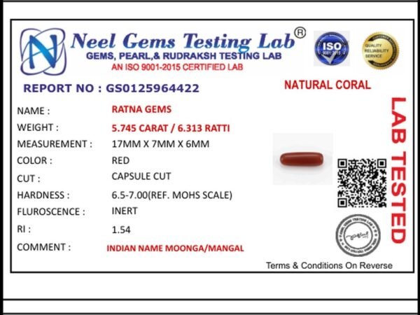 Lab certificate for Moonga Stone 6.313 Ratti (5.745 Carat) - Italian Red Coral - NATURAL CORAL, 5.745 CARAT / 6.313 RATTI