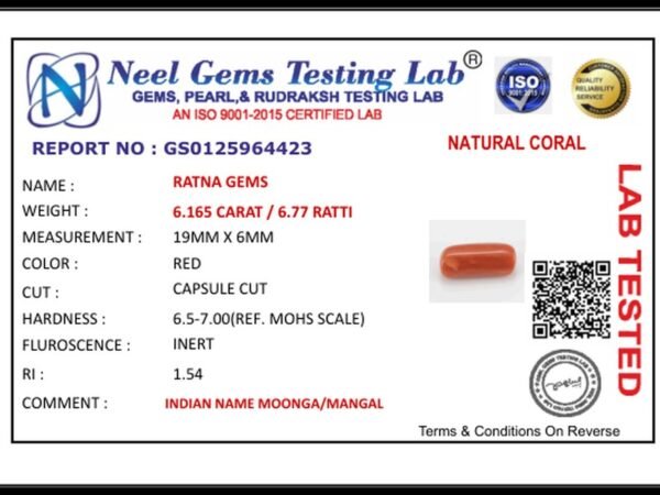 Lab certificate for Moonga Stone (Red Coral) 6.77 Ratti (6.165 Carat) - NATURAL CORAL, 6.165 CARAT / 6.77 RATTI