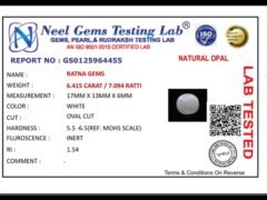 Lab certificate for Opal Stone 6.41 Carat (7.09 Ratti) - Australia - NATURAL OPAL, 6.415 CARAT / 7.094 RATTI
