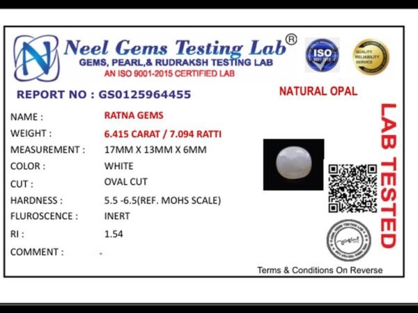 Lab certificate for Opal Stone 6.41 Carat (7.09 Ratti) - Australia - NATURAL OPAL, 6.415 CARAT / 7.094 RATTI