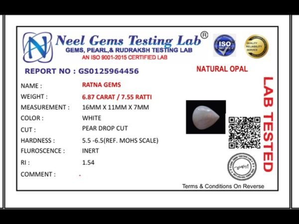 Lab certificate for Opal Stone 6.87 Carat (7.55 Ratti) - Australia - NATURAL OPAL, 6.87 CARAT / 7.55 RATTI