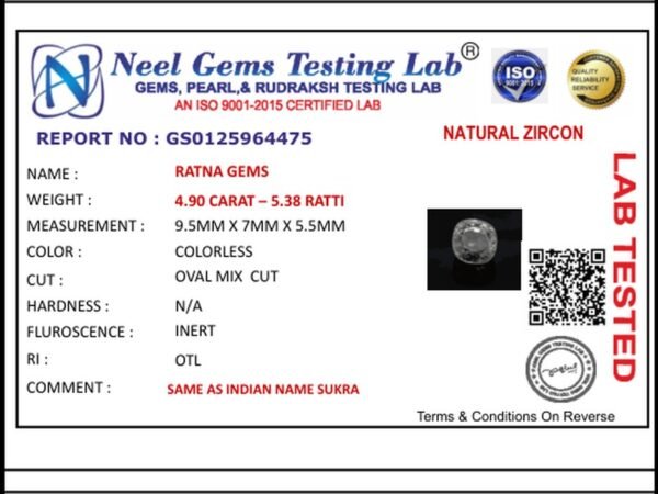 Lab certificate for Natural Zircon 4.90 Carat – 5.38 Ratti - NATURAL ZIRCON, 4.90 CARAT – 5.38 RATTI