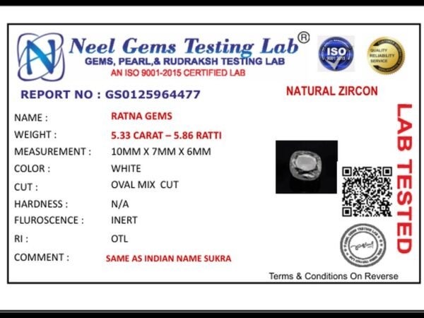Lab certificate for Zircon Stone (Jarkan) 5.33 Carat (5.86 Ratti) - NATURAL ZIRCON, 5.33 CARAT – 5.86 RATTI