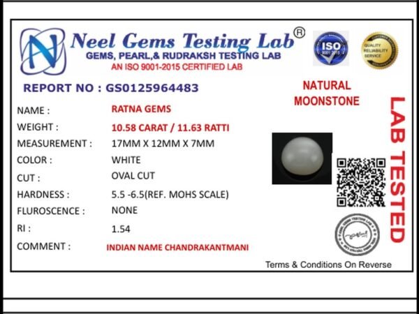 Lab certificate for Moonstone (Chandramani) 10.58 Carat - 11.63 Ratti - NATURAL MOONSTONE, 10.58 CARAT / 11.63 RATTI
