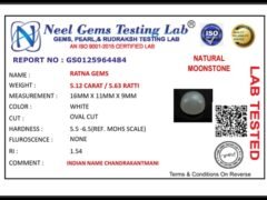Lab certificate for Moonstone (Chandramani) 5.12 Carat - 5.63 Ratti - NATURAL MOONSTONE, 5.12 CARAT / 5.63 RATTI