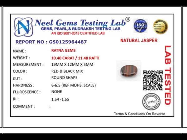 Lab certificate for Red Jasper Stone 10.40 Carat (11.48 Ratti) - NATURAL JASPER, 10.40 CARAT / 11.48 RATTI