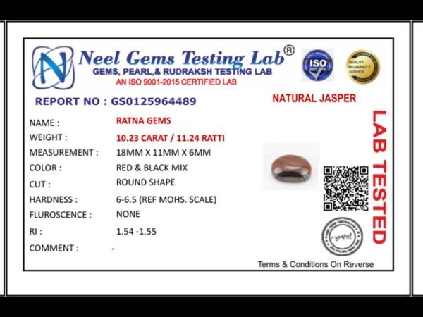 Lab certificate for Red Jasper Stone 10.23 Carat (11.24 Ratti) - NATURAL JASPER, 10.23 CARAT / 11.24 RATTI