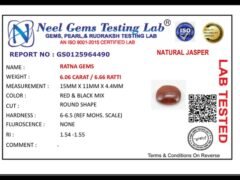 Lab certificate for Red Jasper Stone 6.06 Carat (6.66 Ratti) - NATURAL JASPER, 6.06 CARAT / 6.66 RATTI