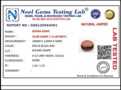 Lab certificate for Red Jasper Stone 10.09 Carat (11.09 Ratti) - NATURAL JASPER, 10.09 CARAT / 11.09 RATTI