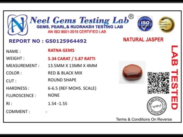 Lab certificate for Red Jasper Stone 5.34 Carat (5.87 Ratti) - NATURAL JASPER, 5.34 CARAT / 5.87 RATTI