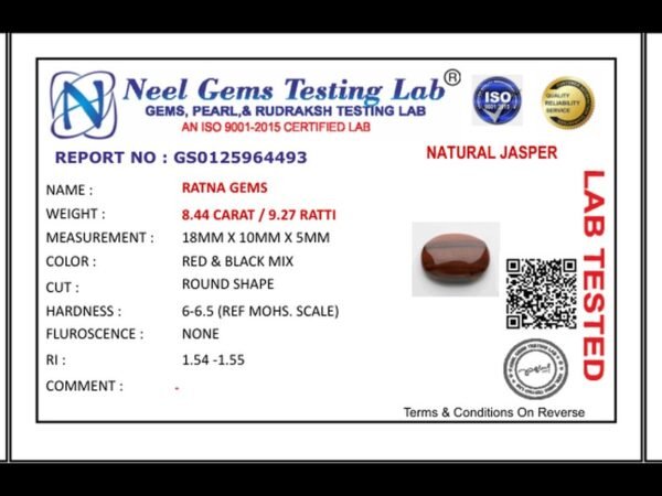Lab certificate for Red Jasper Stone 8.44 Carat (9.27 Ratti) - NATURAL JASPER, 8.44 CARAT / 9.27 RATTI